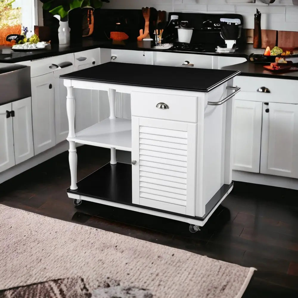 Black and White and Black 39" Rolling Kitchen Island With Storage - NOVA HOME FURNITURE