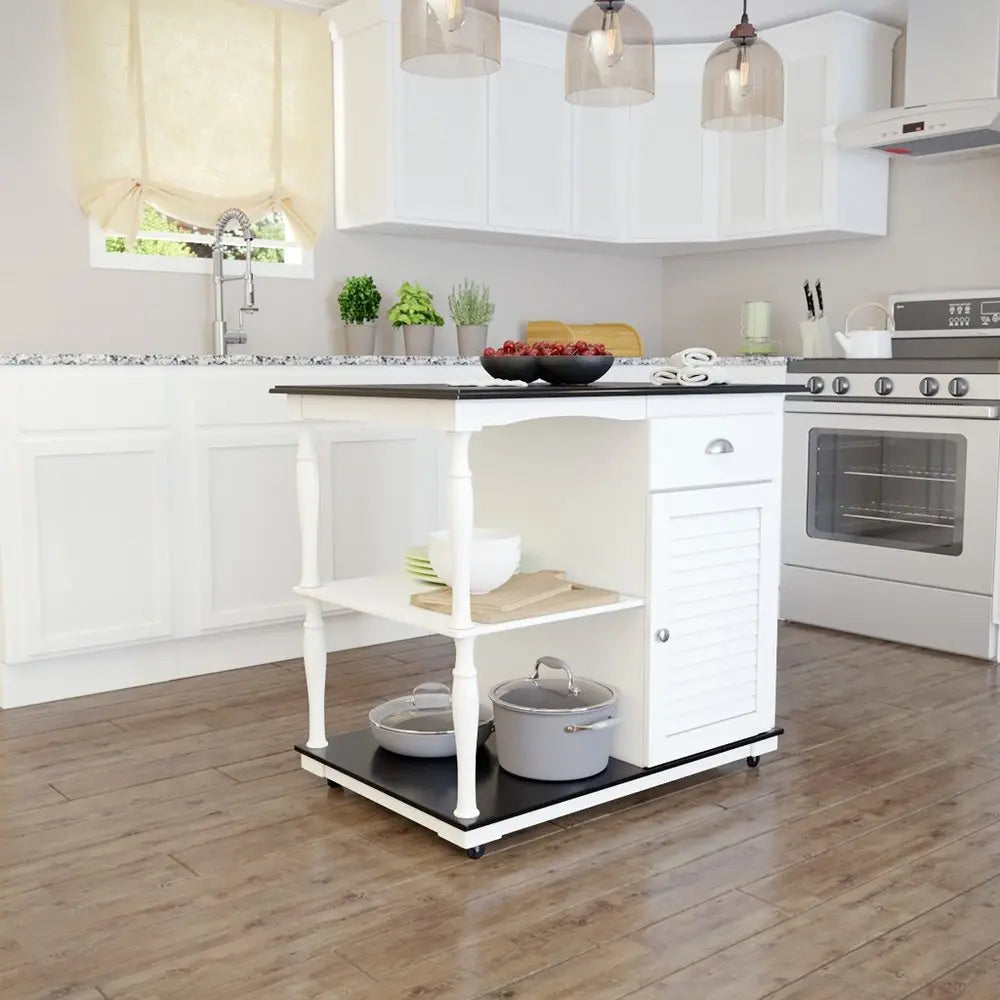 Black and White and Black 39" Rolling Kitchen Island With Storage - NOVA HOME FURNITURE