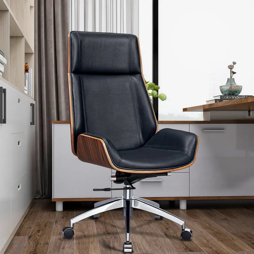 Black Rosewood and Silver Adjustable Height Swivel Rolling Executive Office Chair - NOBLE HOME INTERIORS