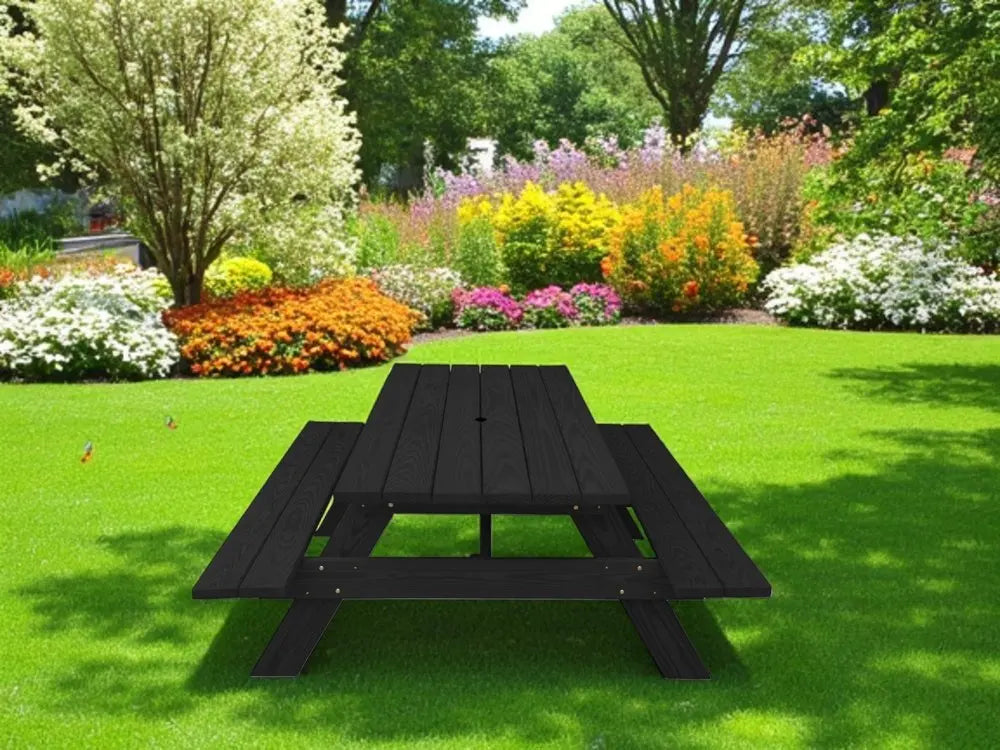 Black Solid Wood Dining Set with Two Benches With Umbrella Hole - NOBLE HOME INTERIORS