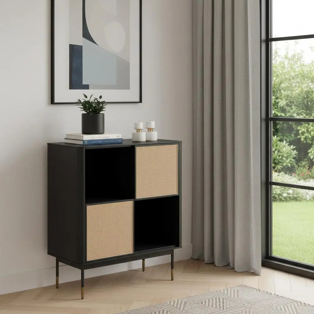 Black Wood and Wicker Accent Cabinet - NOVA HOME FURNITURE