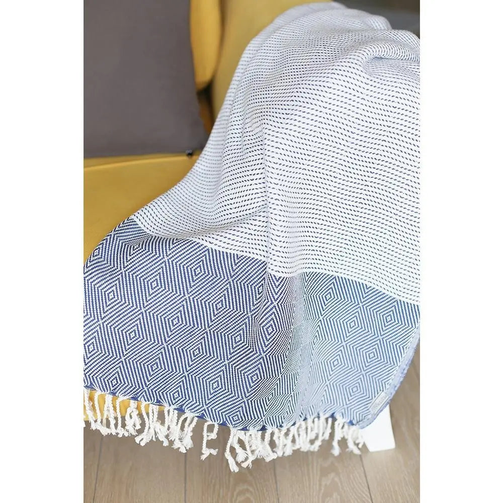 Blue And White Squares And Stripes Turkish Towel Or Throw Blanket - NOBLE HOME INTERIORS
