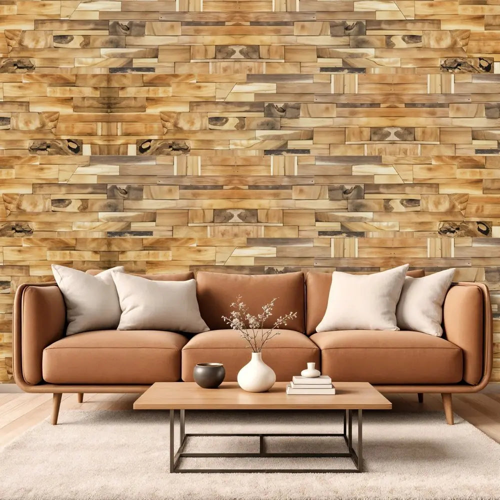 Brown 3D Embossed Abstract Teak Reclaimed Wood Decorative Wall Panels - NOBLE HOME INTERIORS