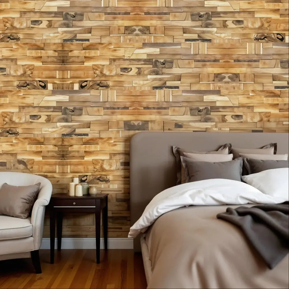 Brown 3D Embossed Abstract Teak Reclaimed Wood Decorative Wall Panels - NOBLE HOME INTERIORS