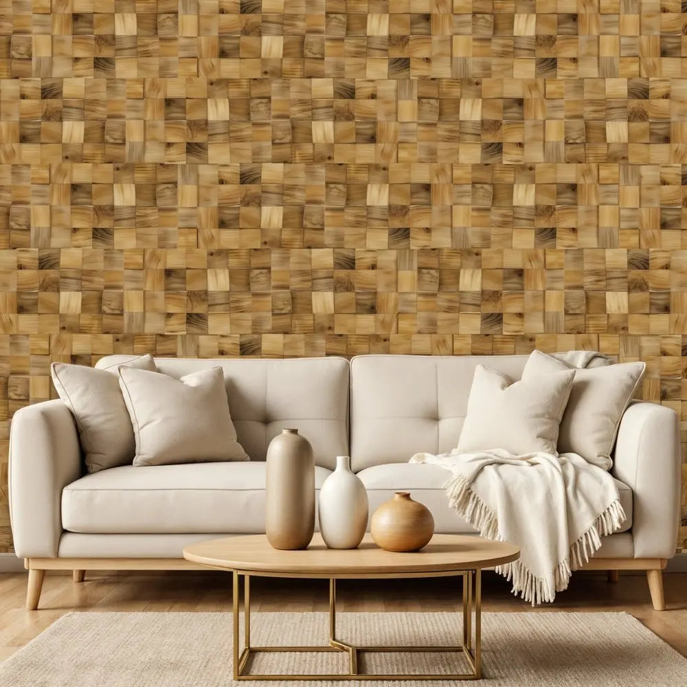 Brown 3D Embossed Block Teak Reclaimed Wood Decorative Wall Panels - NOBLE HOME INTERIORS