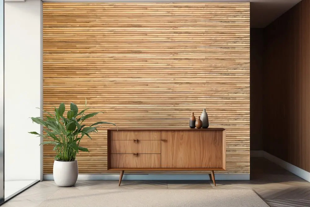 Brown 3D Embossed Striped Teak Reclaimed Wood Decorative Wall Panels - NOBLE HOME INTERIORS