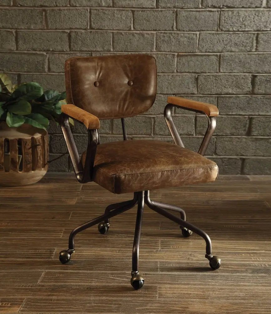 Brown and Black Swivel Faux Leather Rolling Office Chair HomeRoots
