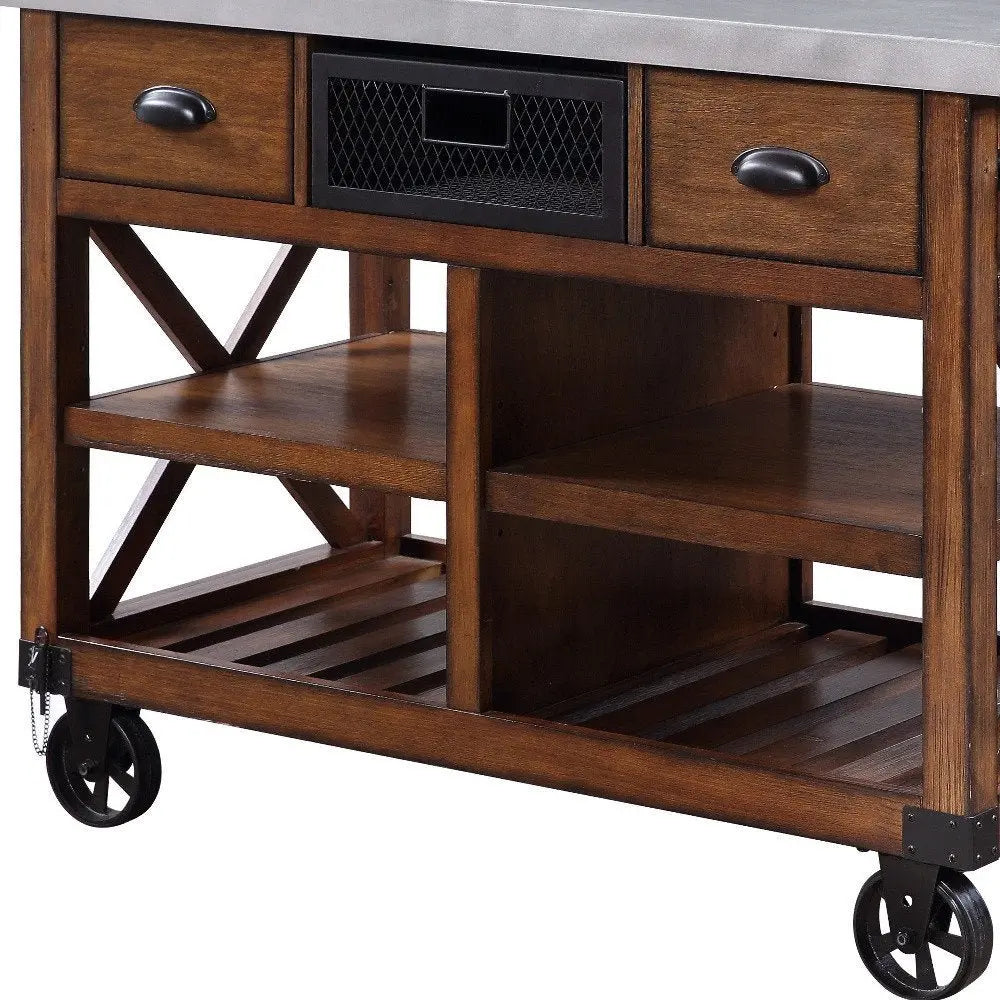 Brown And Silver 48" Rolling Kitchen Cart With Storage - NOVA HOME FURNITURE