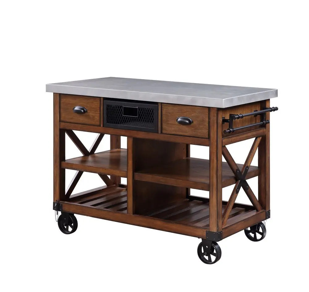 Brown And Silver 48" Rolling Kitchen Cart With Storage - NOVA HOME FURNITURE