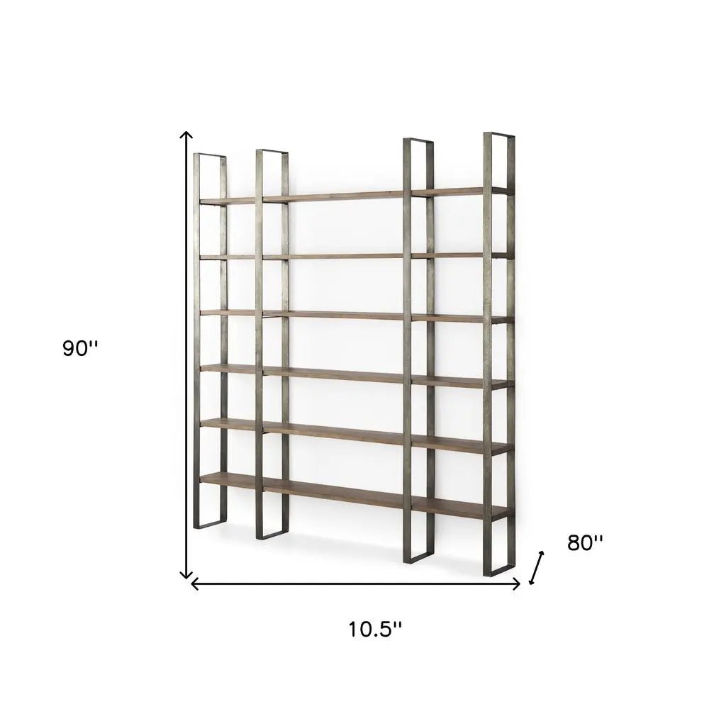 Brown Nickel and Solid Wood Six Tier Bookcase HomeRoots