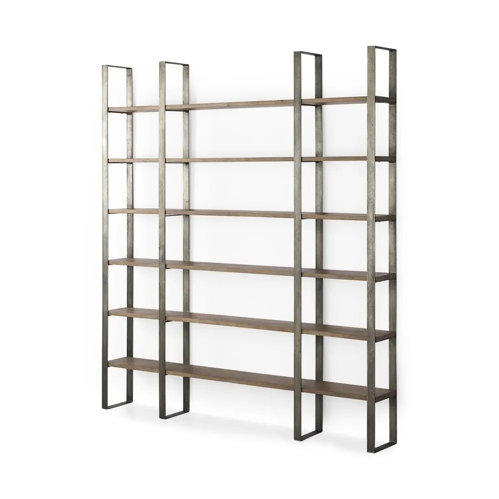 Brown Nickel and Solid Wood Six Tier Bookcase HomeRoots