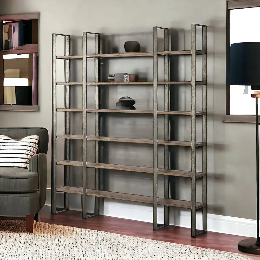 Brown Nickel and Solid Wood Six Tier Bookcase HomeRoots