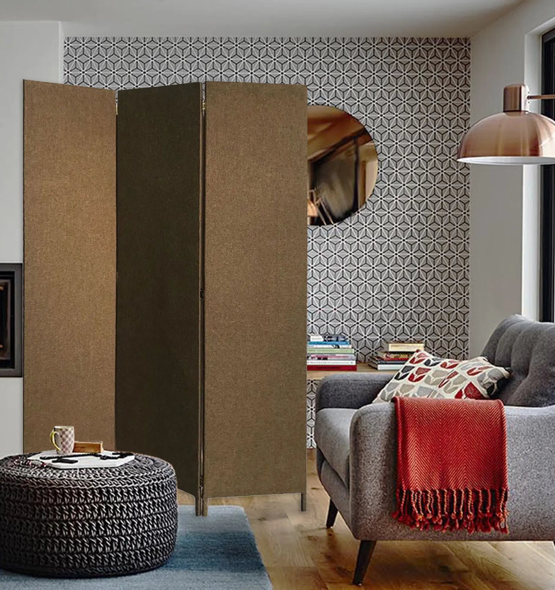 Brown Upholstered 3 Panel Room Divider Screen - NOBLE HOME INTERIORS