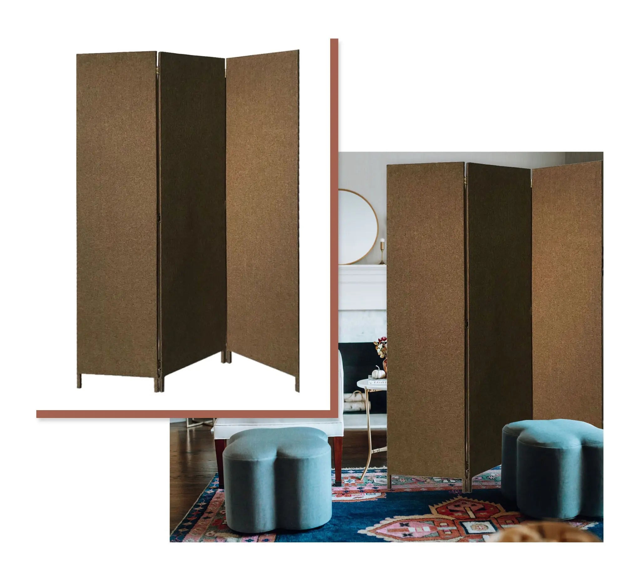 Brown Upholstered 3 Panel Room Divider Screen - NOBLE HOME INTERIORS