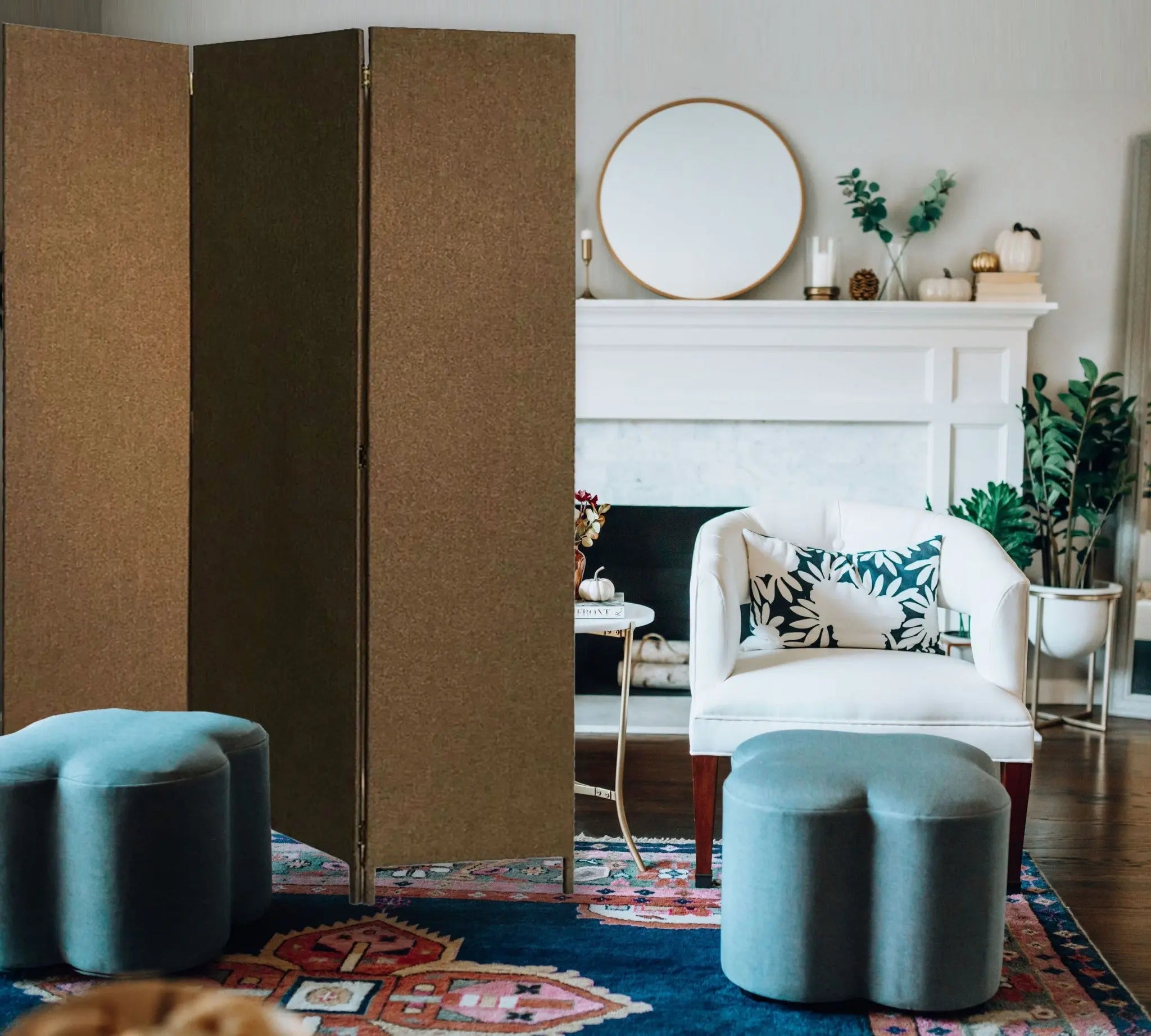 Brown Upholstered 3 Panel Room Divider Screen - NOBLE HOME INTERIORS