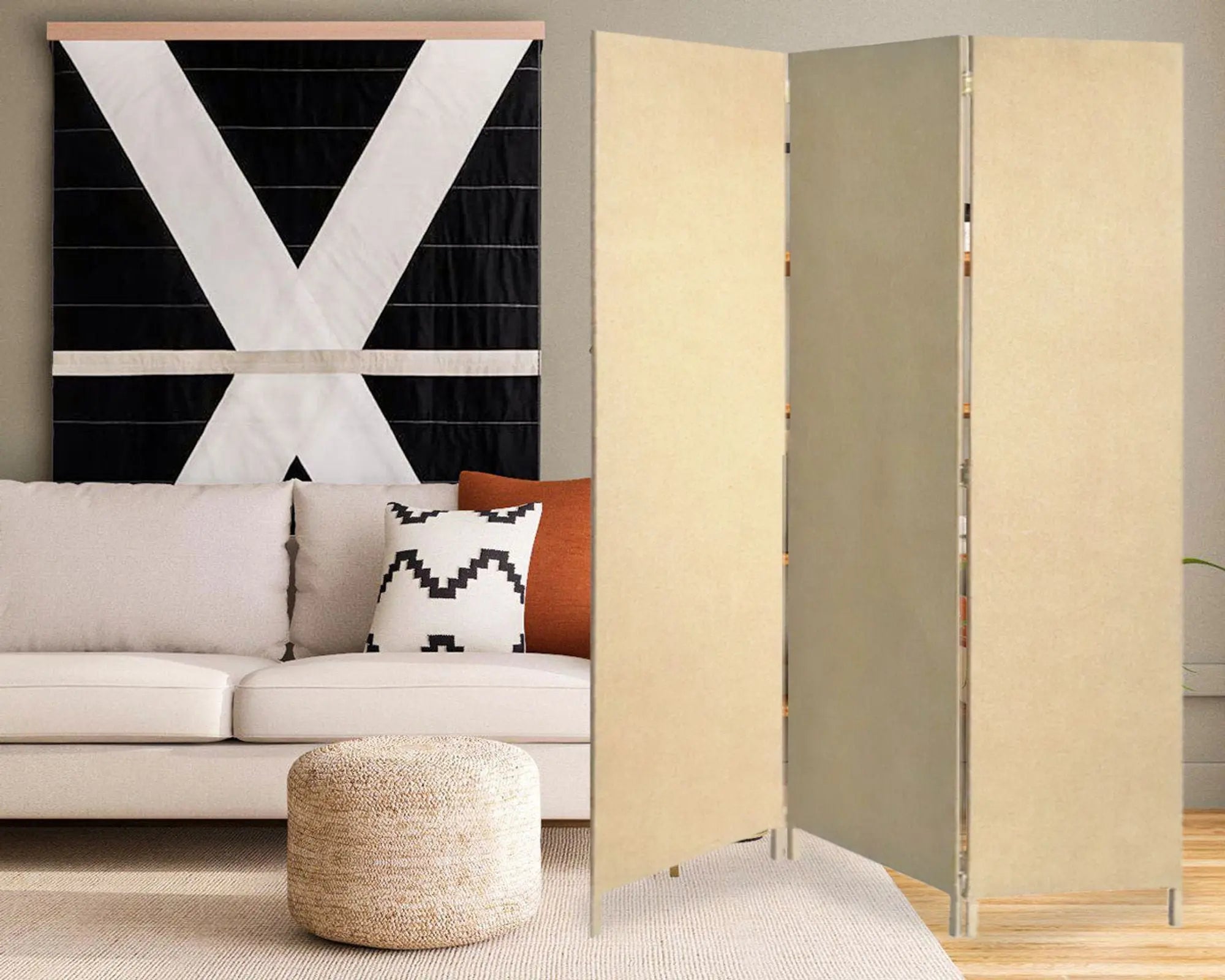 Brown Upholstered 3 Panel Room Divider Screen - NOBLE HOME INTERIORS