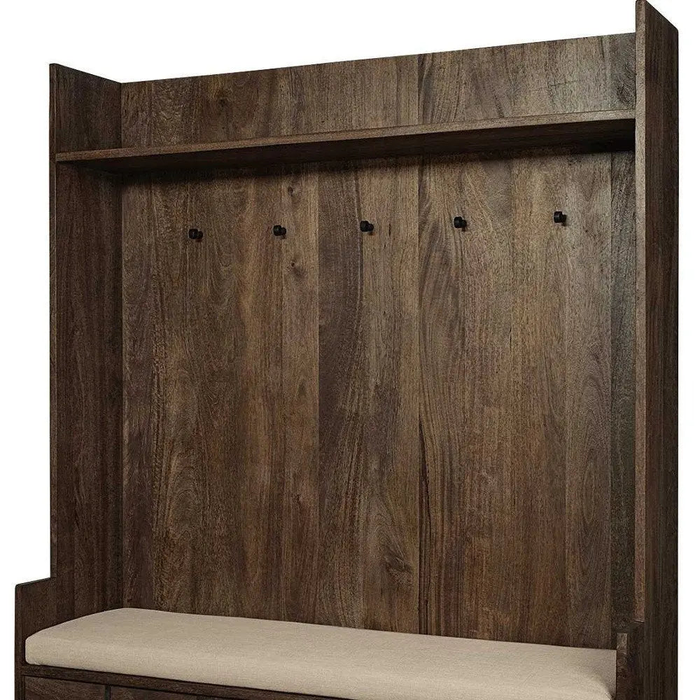 Brown Wood Cream Fabric Wrapped Seat Hall Tree With Storage - NOBLE HOME INTERIORS
