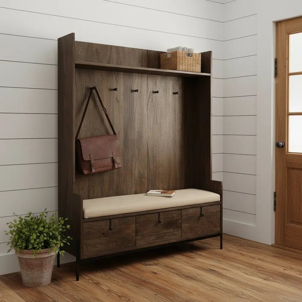 Brown Wood Cream Fabric Wrapped Seat Hall Tree With Storage - NOBLE HOME INTERIORS