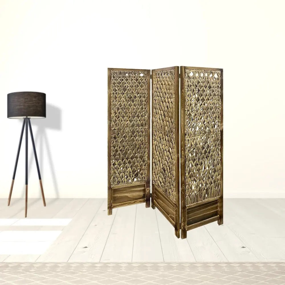 Casual Wood And Seagrass Three Panel Room Divider Screen - NOBLE HOME INTERIORS