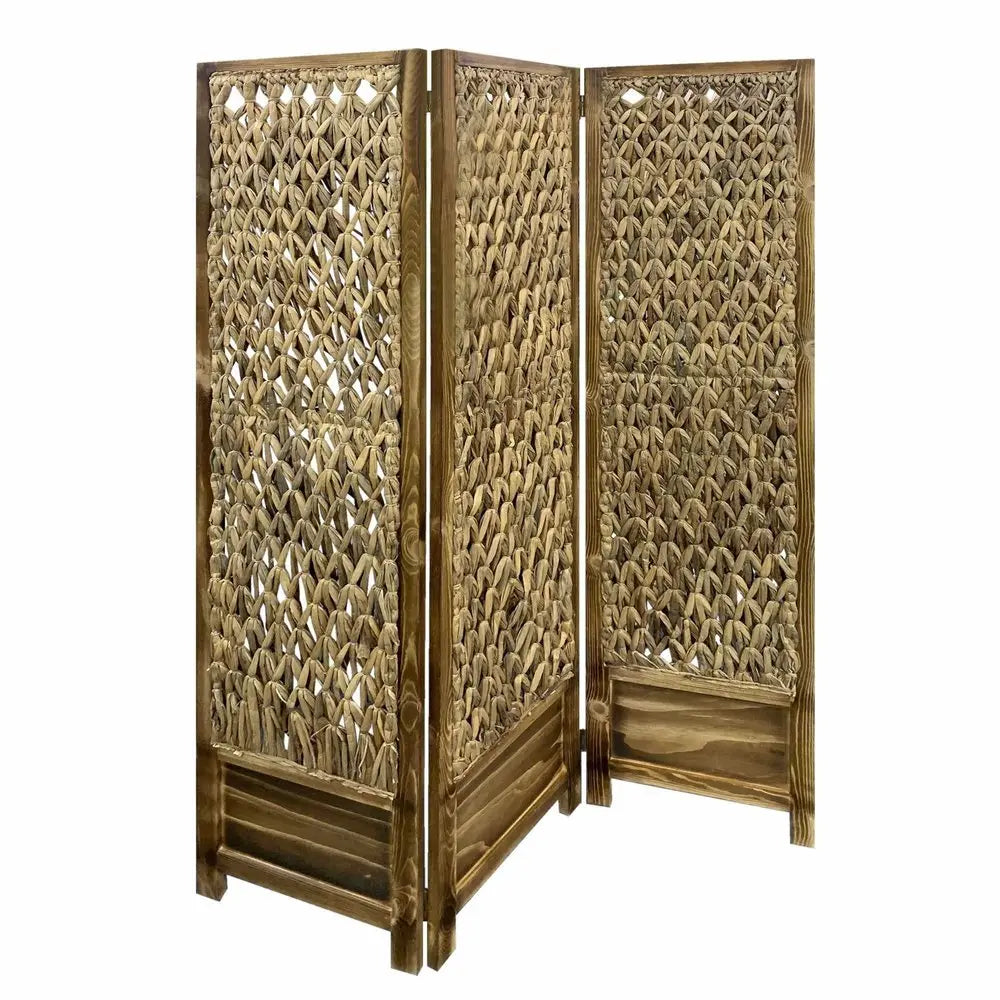 Casual Wood And Seagrass Three Panel Room Divider Screen - NOBLE HOME INTERIORS
