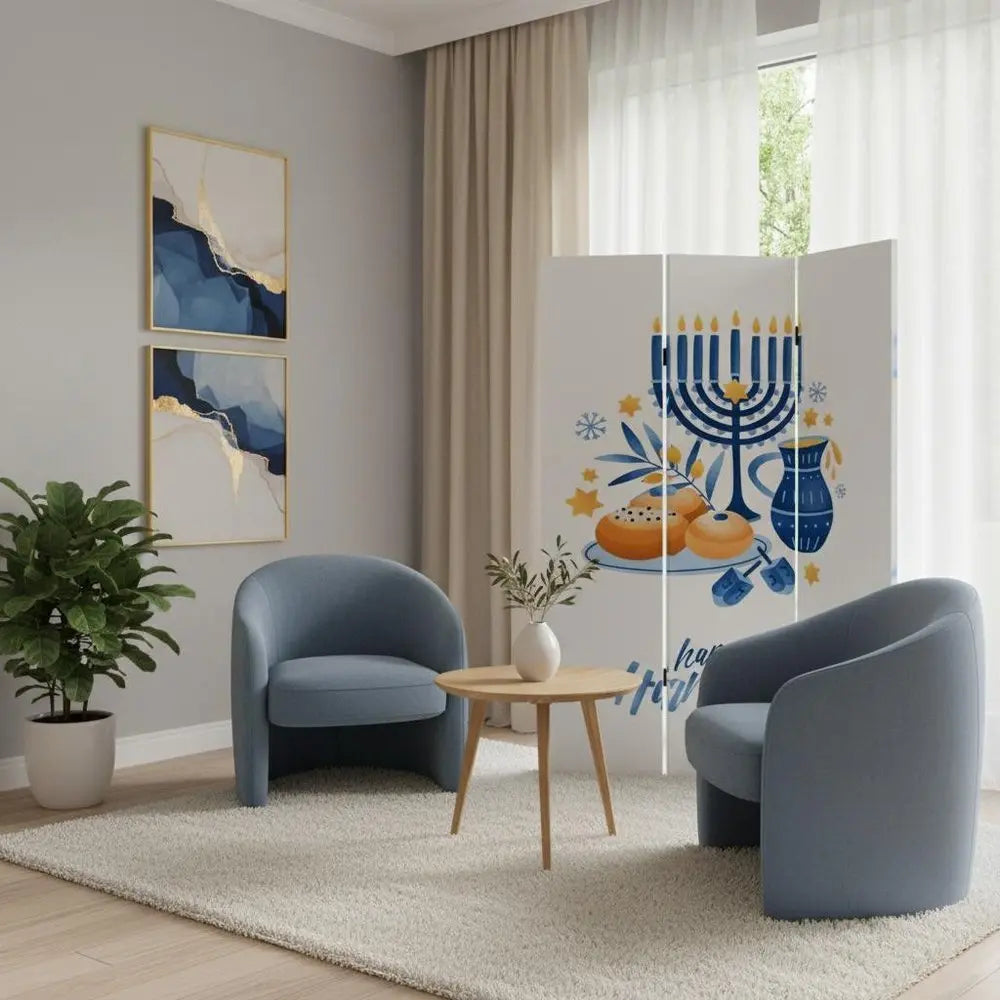 Celebratory Hanukkah Three Panel Room Divider Screen - NOBLE HOME INTERIORS