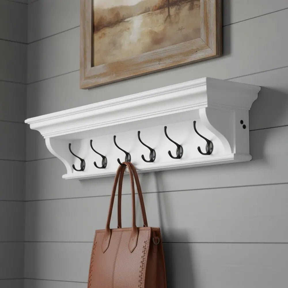 Classic White Wood Wide Six Hook Coat Rack - NOBLE HOME INTERIORS