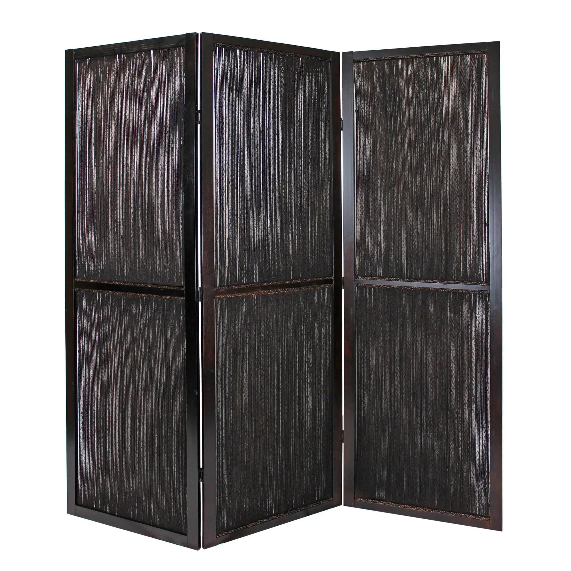 Dark Wood And Water Hyacinth 3 Panel Room Divider Screen - NOBLE HOME INTERIORS