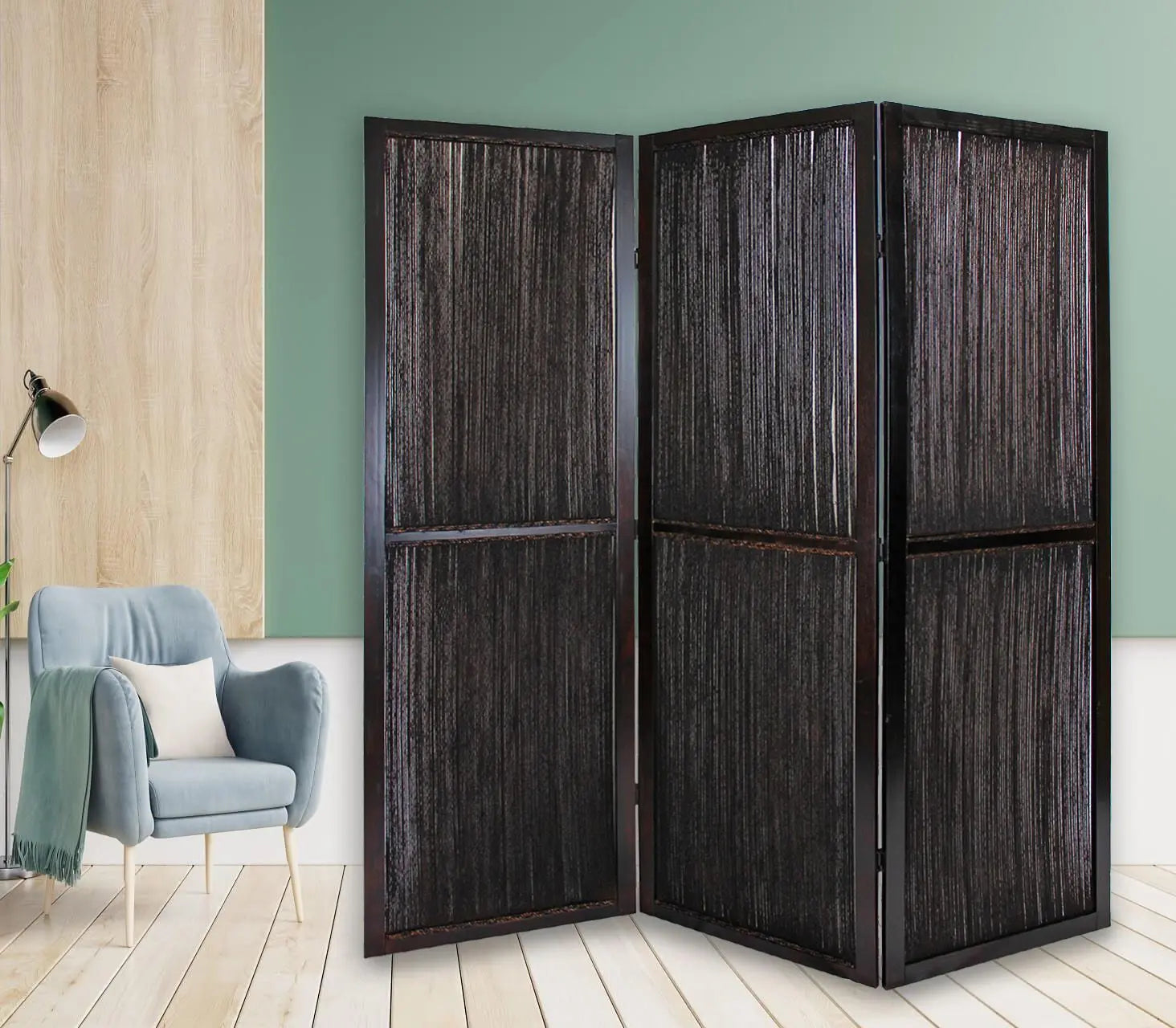 Dark Wood And Water Hyacinth 3 Panel Room Divider Screen - NOBLE HOME INTERIORS