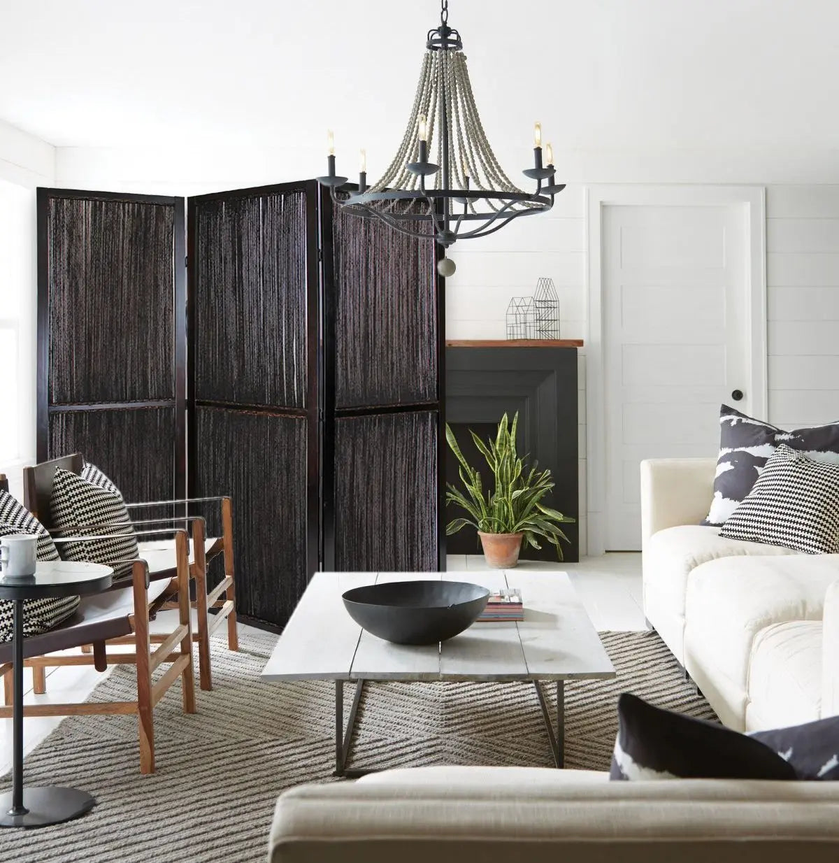 Dark Wood And Water Hyacinth 3 Panel Room Divider Screen - NOBLE HOME INTERIORS