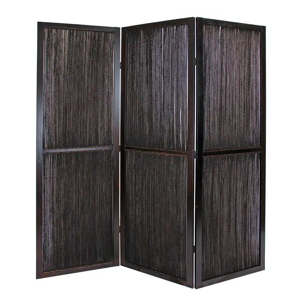 Dark Wood And Water Hyacinth 3 Panel Room Divider Screen - NOBLE HOME INTERIORS