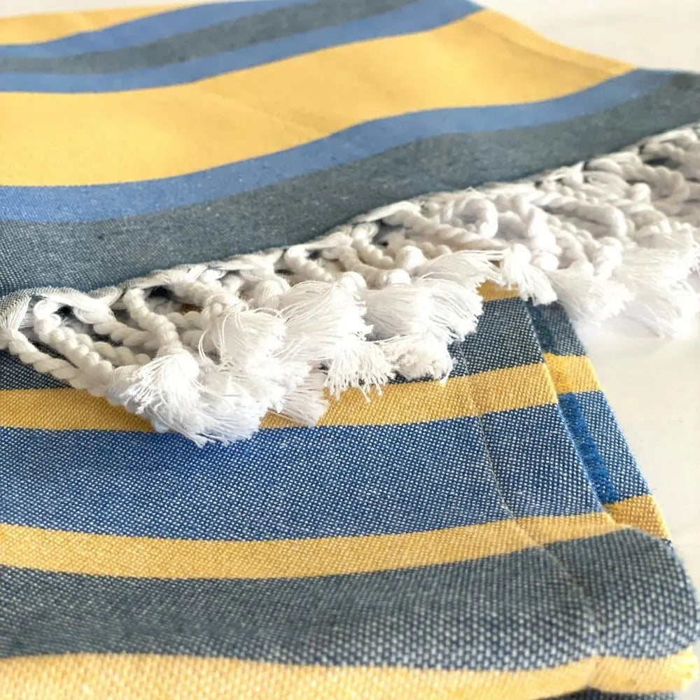 Denim Blue and Yellow Striped Turkish Towel Beach Blanket - NOBLE HOME INTERIORS