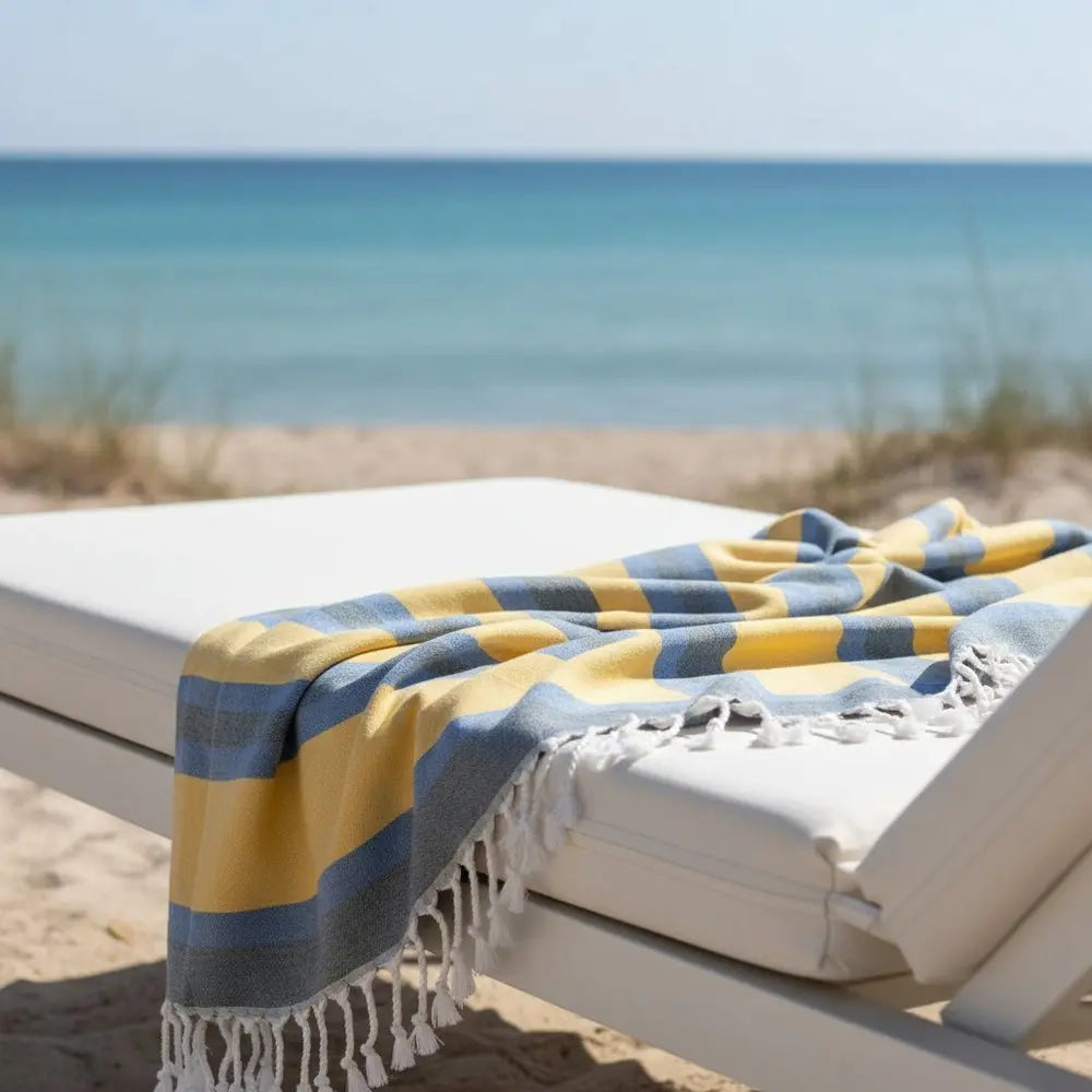 Denim Blue and Yellow Striped Turkish Towel Beach Blanket - NOBLE HOME INTERIORS