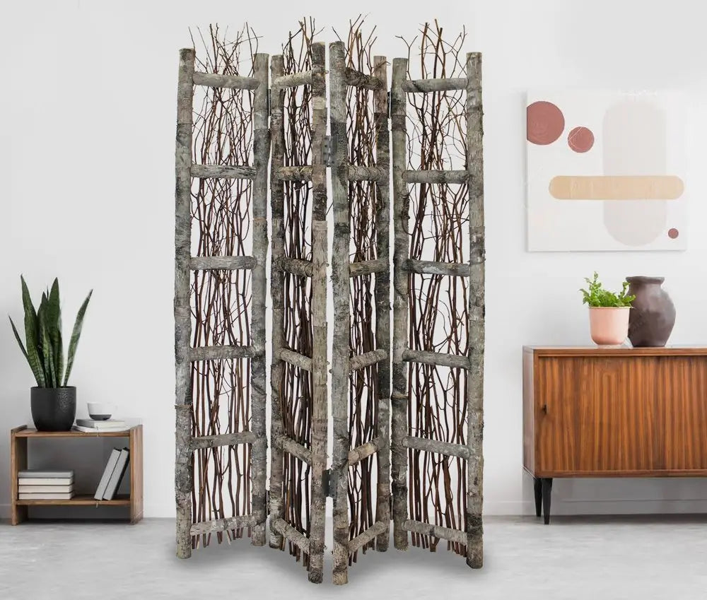 Earthy Birch and Twig Four Panel Room Divider Screen - NOBLE HOME INTERIORS