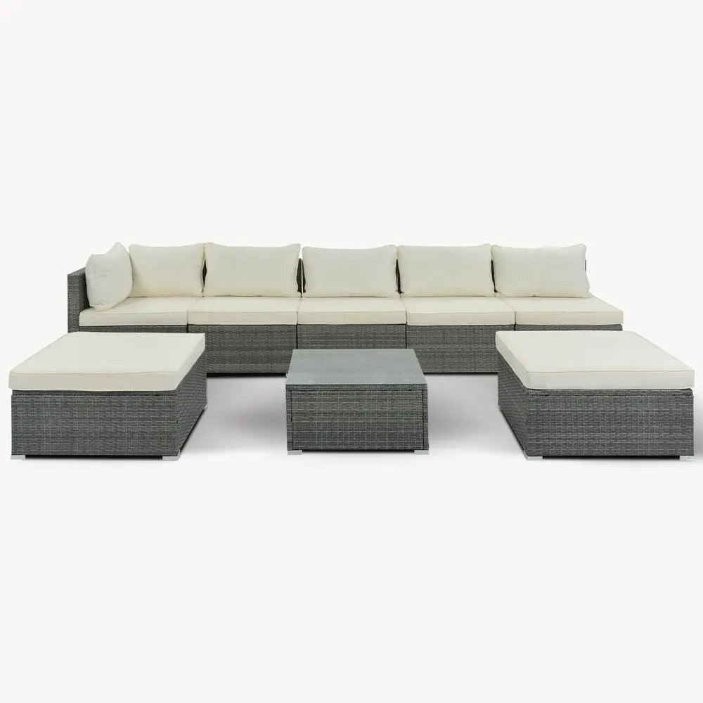 Eight Piece Gray and Beige Wicker Upholstered Cushions Sectional Seating Group With Table - NOBLE HOME INTERIORS