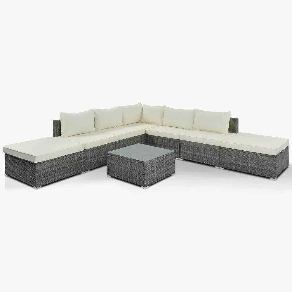 Eight Piece Gray and Beige Wicker Upholstered Cushions Sectional Seating Group With Table - NOBLE HOME INTERIORS
