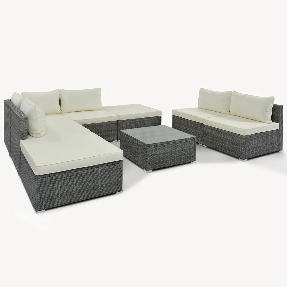 Eight Piece Gray and Beige Wicker Upholstered Cushions Sectional Seating Group With Table - NOBLE HOME INTERIORS