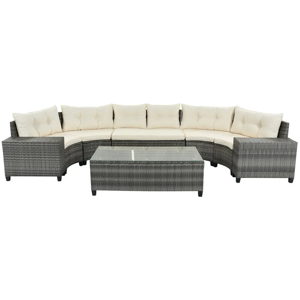Eight Piece Gray and Beige Wicker Upholstered Cushions Sectional Seating Group With Table - NOBLE HOME INTERIORS