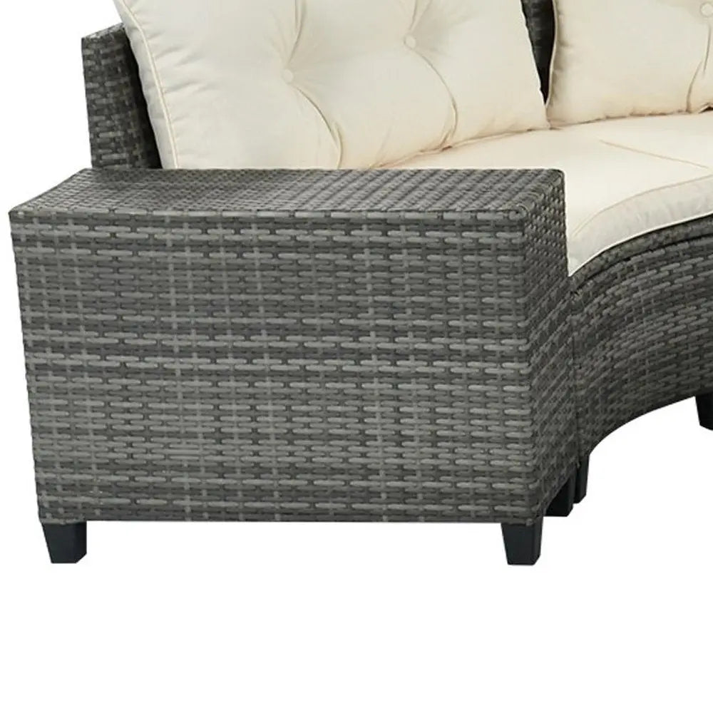 Eight Piece Gray and Beige Wicker Upholstered Cushions Sectional Seating Group With Table - NOBLE HOME INTERIORS