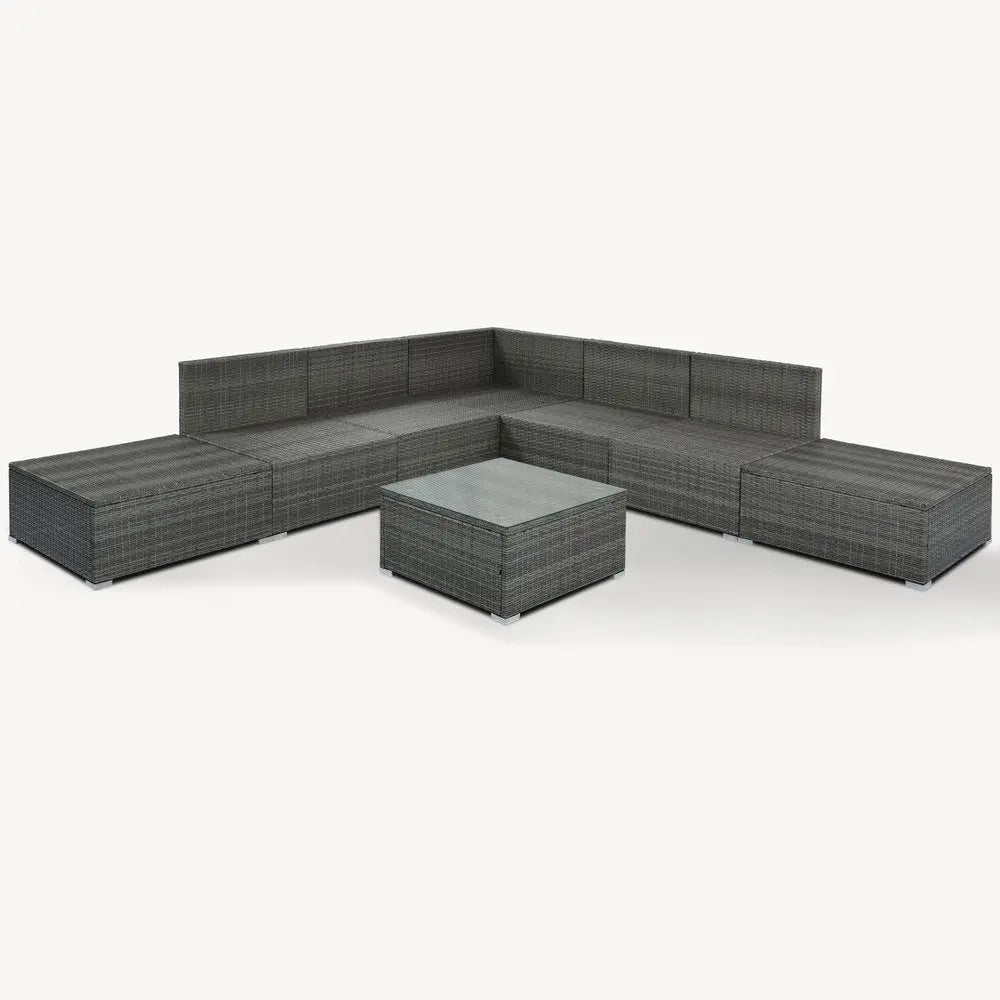 Eight Piece Gray and Beige Wicker Upholstered Cushions Sectional Seating Group With Table - NOBLE HOME INTERIORS