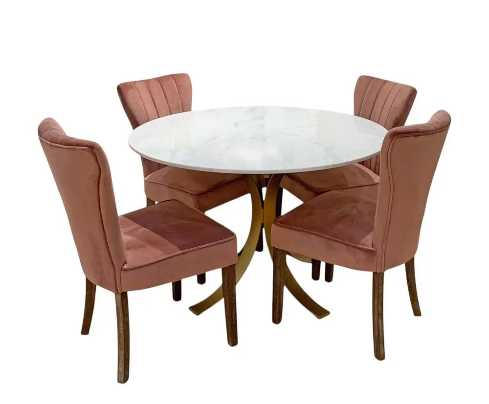 Five Piece Ivory and Gold Round Marble Dining Set with Four Chairs - NOVA HOME FURNITURE