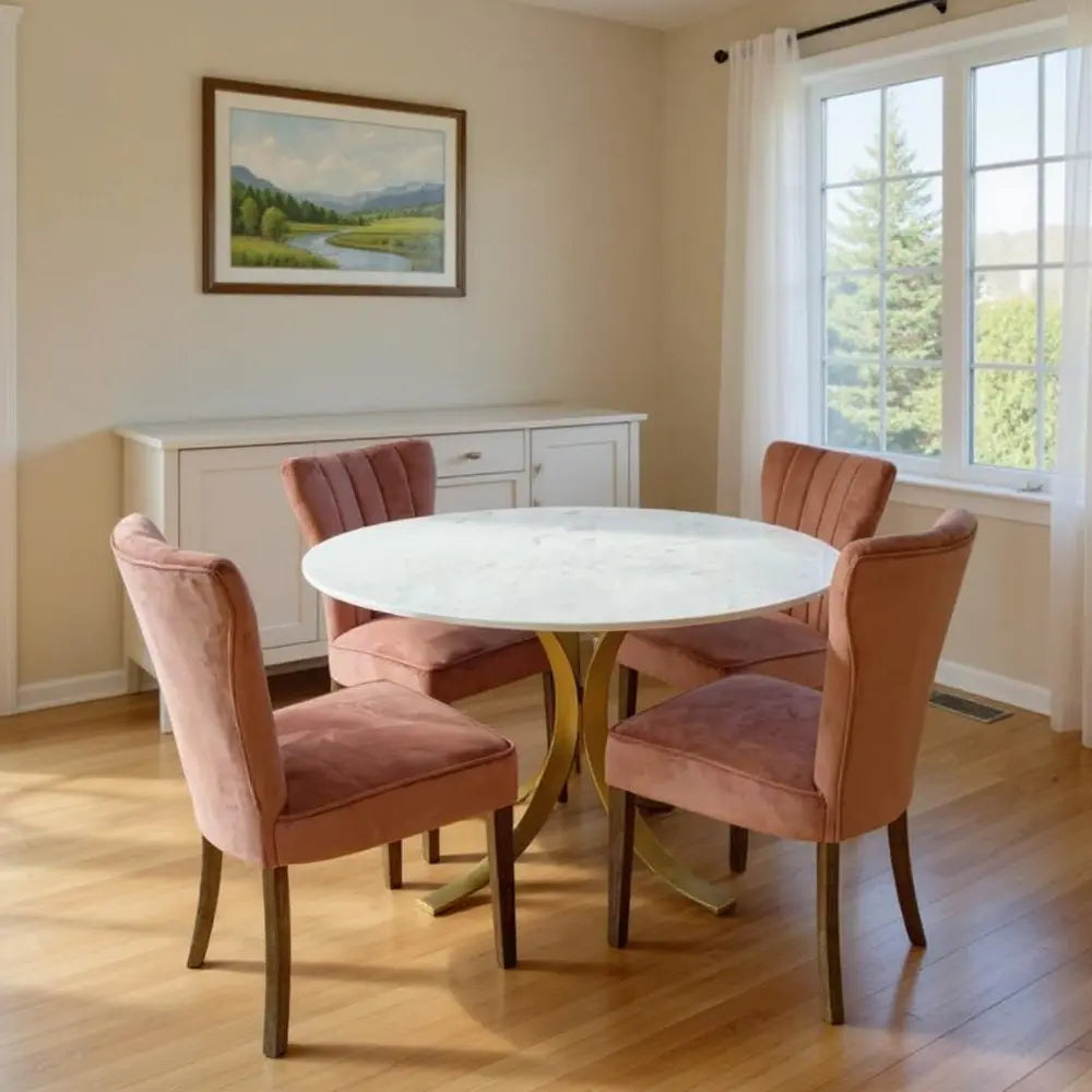 Five Piece Ivory and Gold Round Marble Dining Set with Four Chairs - NOVA HOME FURNITURE