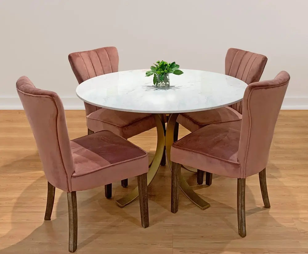 Five Piece Ivory and Gold Round Marble Dining Set with Four Chairs - NOVA HOME FURNITURE