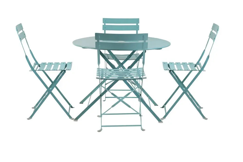 Five Piece Teal Blue Round Metal Dining Set with Four Chairs - NOBLE HOME INTERIORS