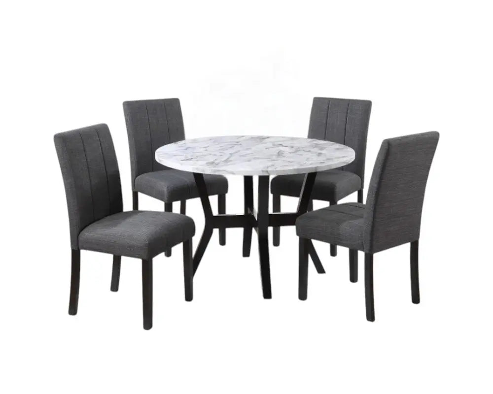 Five Piece White and Black Round Faux Marble Dining Set with Four Chairs - NOVA HOME FURNITURE