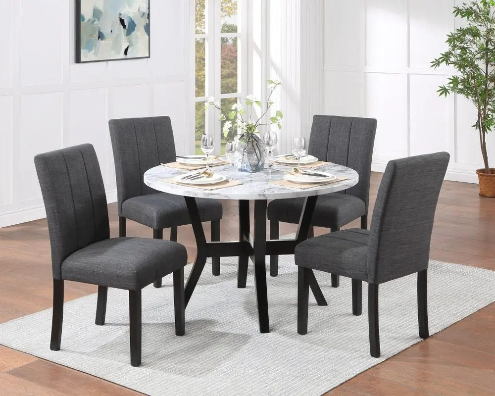 Five Piece White and Black Round Faux Marble Dining Set with Four Chairs - NOVA HOME FURNITURE