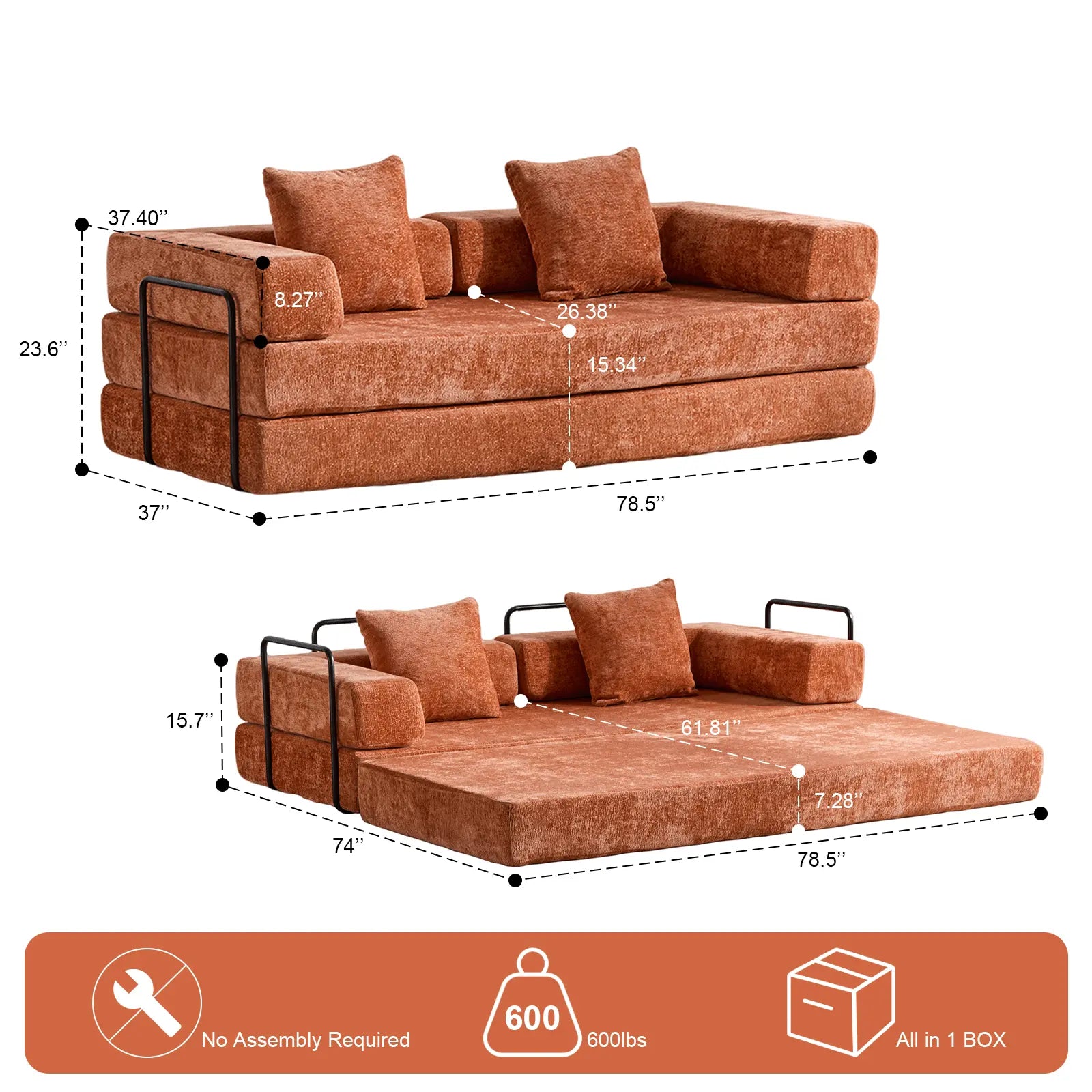 Floor Couch,Compression Sofa,Convertible Floor Sofa Bed-with Pillow Back Support Armrest,Comfy Futon Couch Lounge Sleeper Bed,Flannel fabric - NOBLE HOME INTERIORS