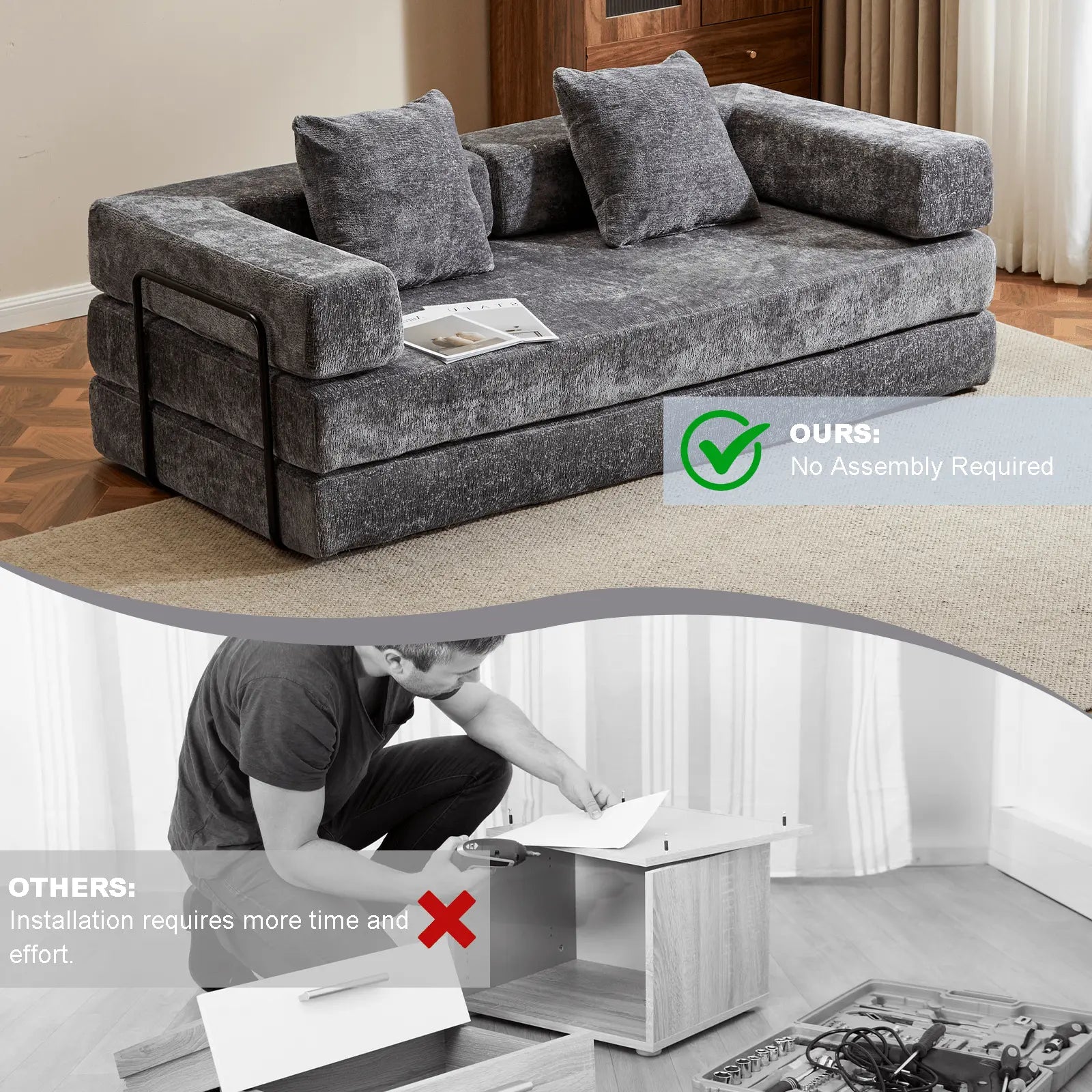 Floor Couch,Compression Sofa,Convertible Floor Sofa Bed - with Pillow Back Support Armrest,Comfy Futon Couch Lounge Sleeper Bed,Flannel fabric - NOVA - HOME - FURNITURE