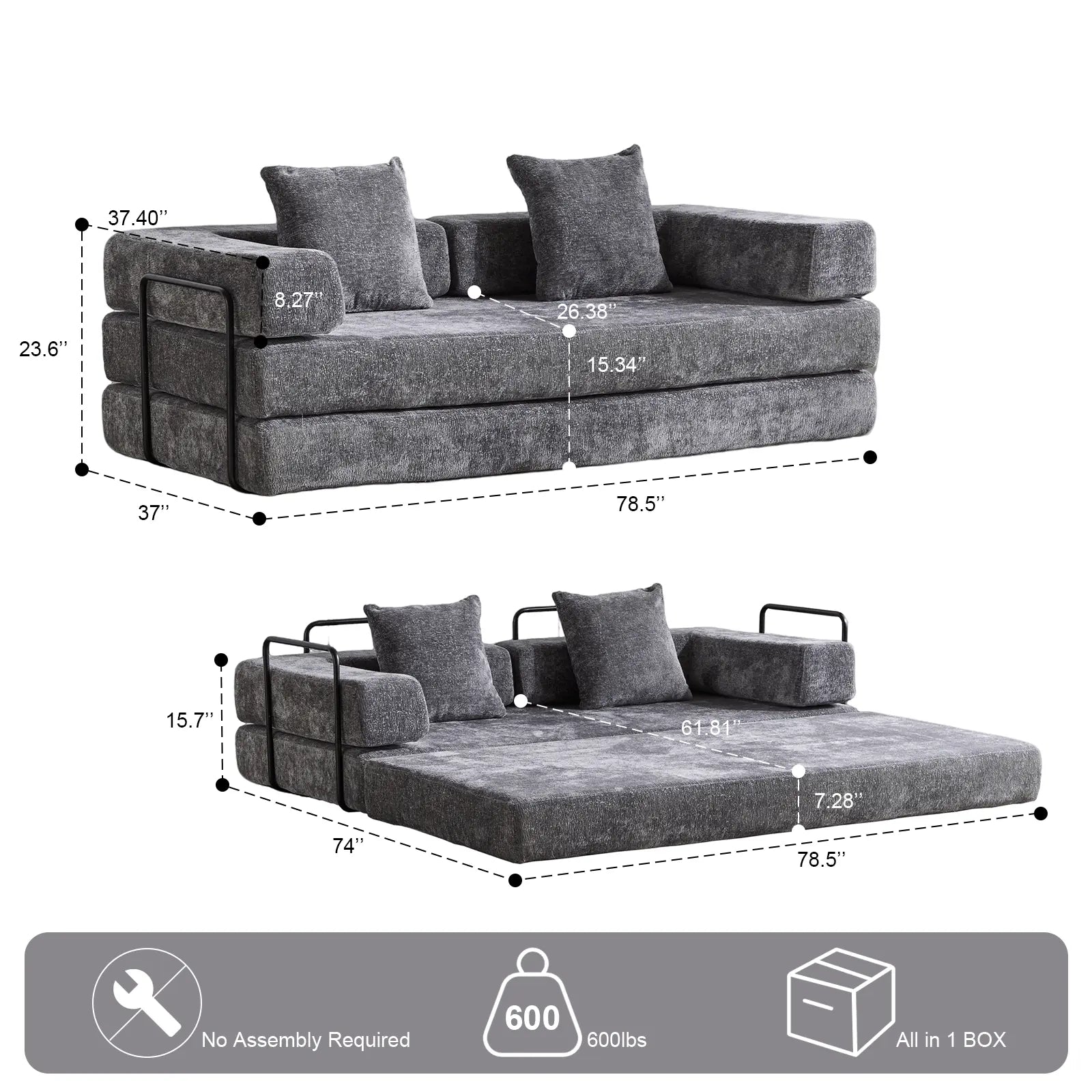 Floor Couch,Compression Sofa,Convertible Floor Sofa Bed - with Pillow Back Support Armrest,Comfy Futon Couch Lounge Sleeper Bed,Flannel fabric - NOVA - HOME - FURNITURE