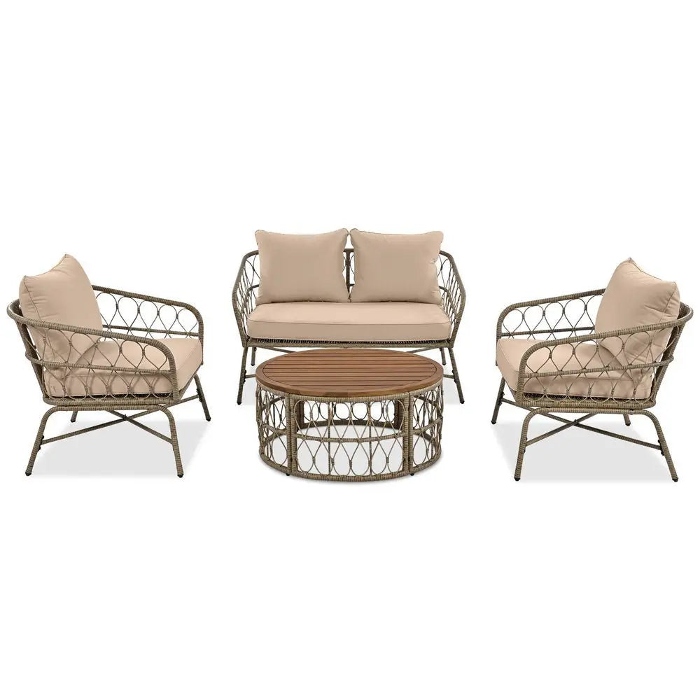Four Piece Beige and Tan Wicker Upholstered Cushions Sofa Seating Group With Table - NOBLE HOME INTERIORS