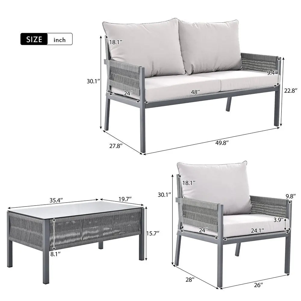 Four Piece Gray Metal Upholstered Cushions Sofa Seating Group With Table - NOBLE HOME INTERIORS